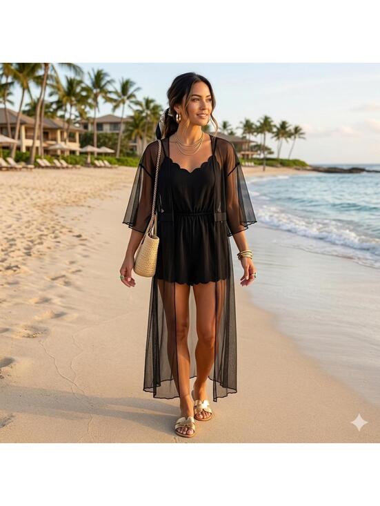 Charlotte Russe Other - Charlotte Russe Black Sheer Mesh Maxi Duster Kimono Dress Medium Lettuce Ruffle